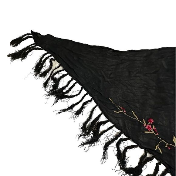 Vintage Black and red rose embroidered piano shawl triangular scarf - Picture 7 of 13